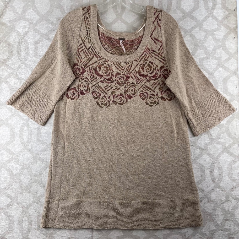 Free People Rose Intarsia‎ Tunic Womens Small Beige Floral Knit Cotton Blend Top